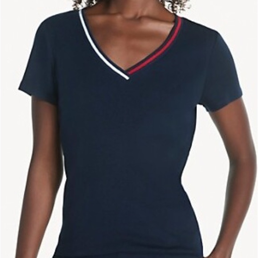 Tommy Hilfiger Navy V-Neck Tee with Red and White Trim